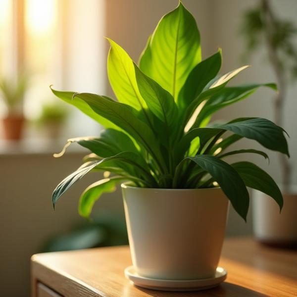 Cozy interior with soft lighting and a thriving potted plant, symbolizing growth and tranquility.