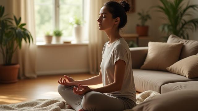 Woman meditating in a cozy living room