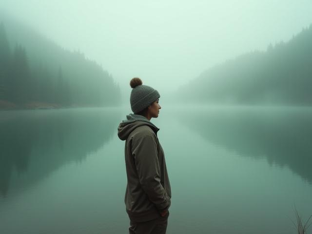 Woman enjoying a peaceful moment by a misty Pacific Northwest lake