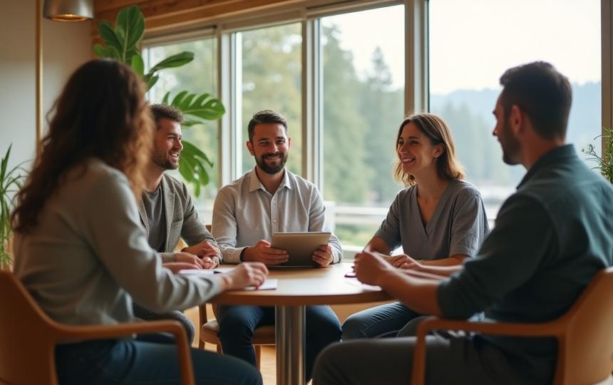 Diverse group of wellness experts collaborating in a modern, serene office space