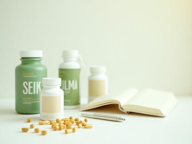 Various supplement bottles and capsules neatly arranged next to a notebook and pen, implying thoughtful consideration.