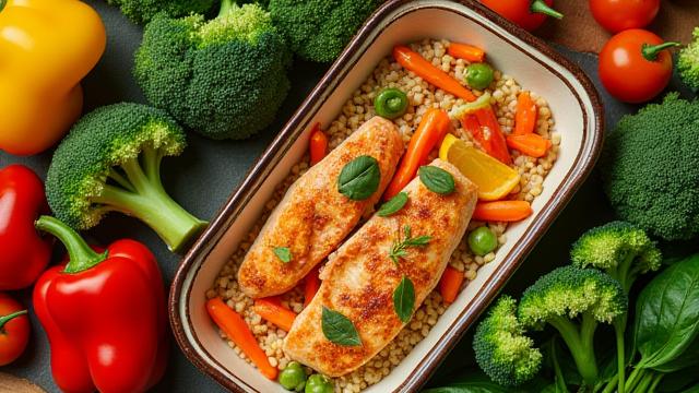 Vibrant, healthy meal prep spread with colorful vegetables and lean protein, focusing on nutrition for blog card.