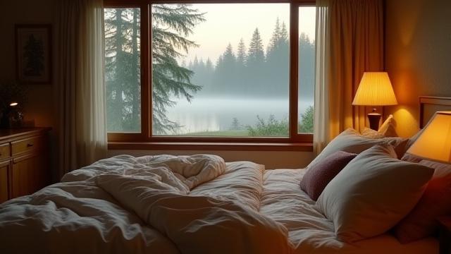 Cozy bedroom scene with warm lighting, a comfortable bed, and a window showing a misty Pacific Northwest landscape, for blog card.