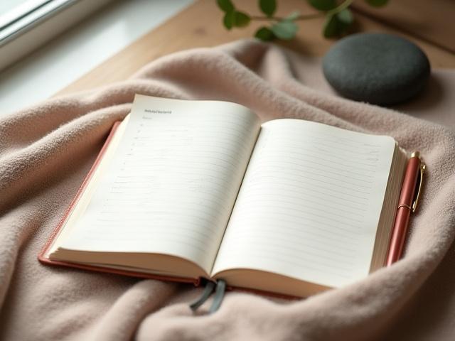 Open journal with mindful writing and a pen