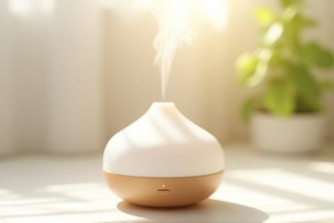 An elegant ultrasonic essential oil diffuser emitting a gentle mist