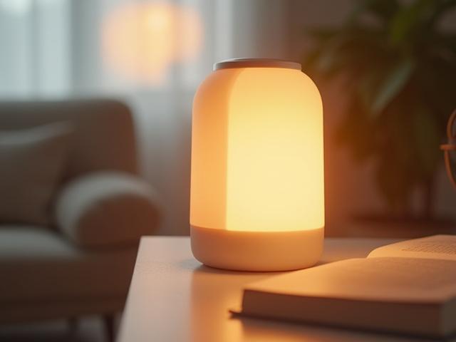 A modern light therapy lamp emitting a warm glow on a desk