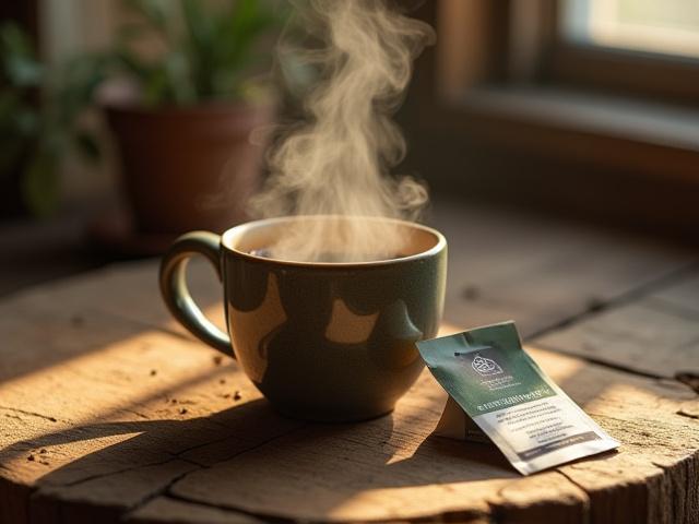 A steaming mug of mushroom coffee next to a small, elegant package on a wooden table