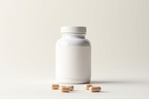 A sleek bottle of probiotic capsules with a gut health graphic